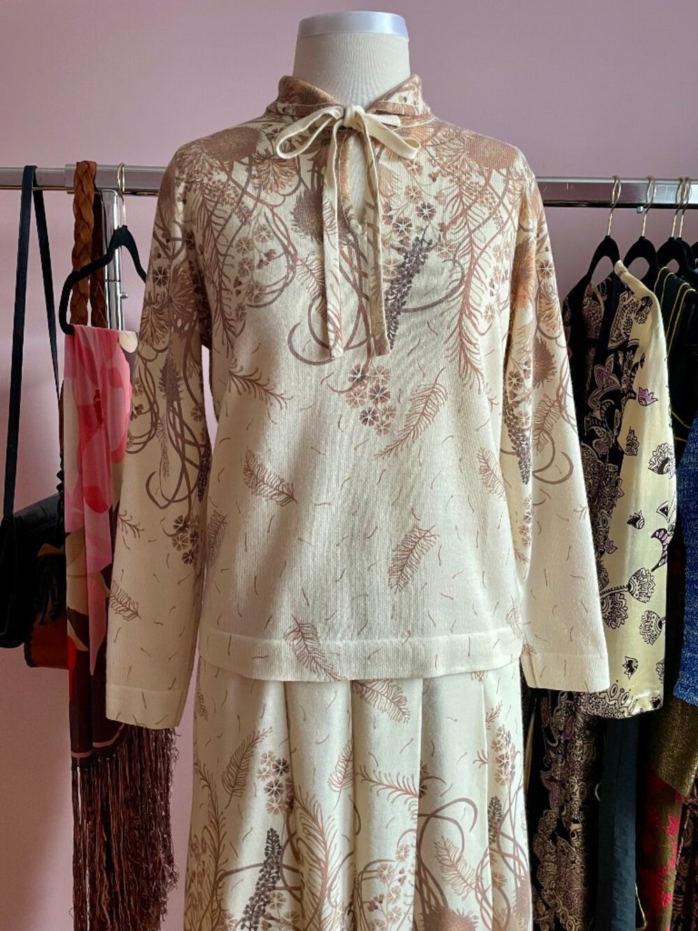 Vintage 70s French Skirt + Sweater Knit Set Cream & Brown Floral Feathers Motifs